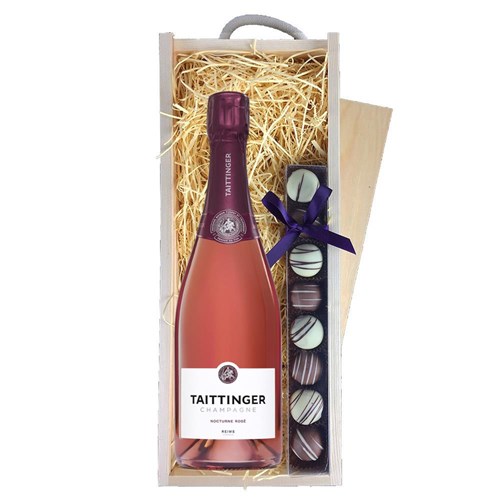 Taittinger Nocturne Rose Sec Champagne 75cl & Truffles, Wooden Box